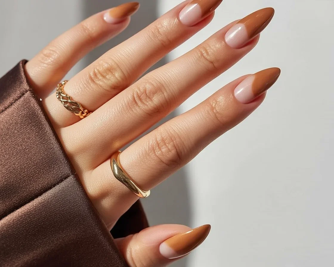 Elegant brown nail designs for fall, featuring mocha mousse and chocolate shades.