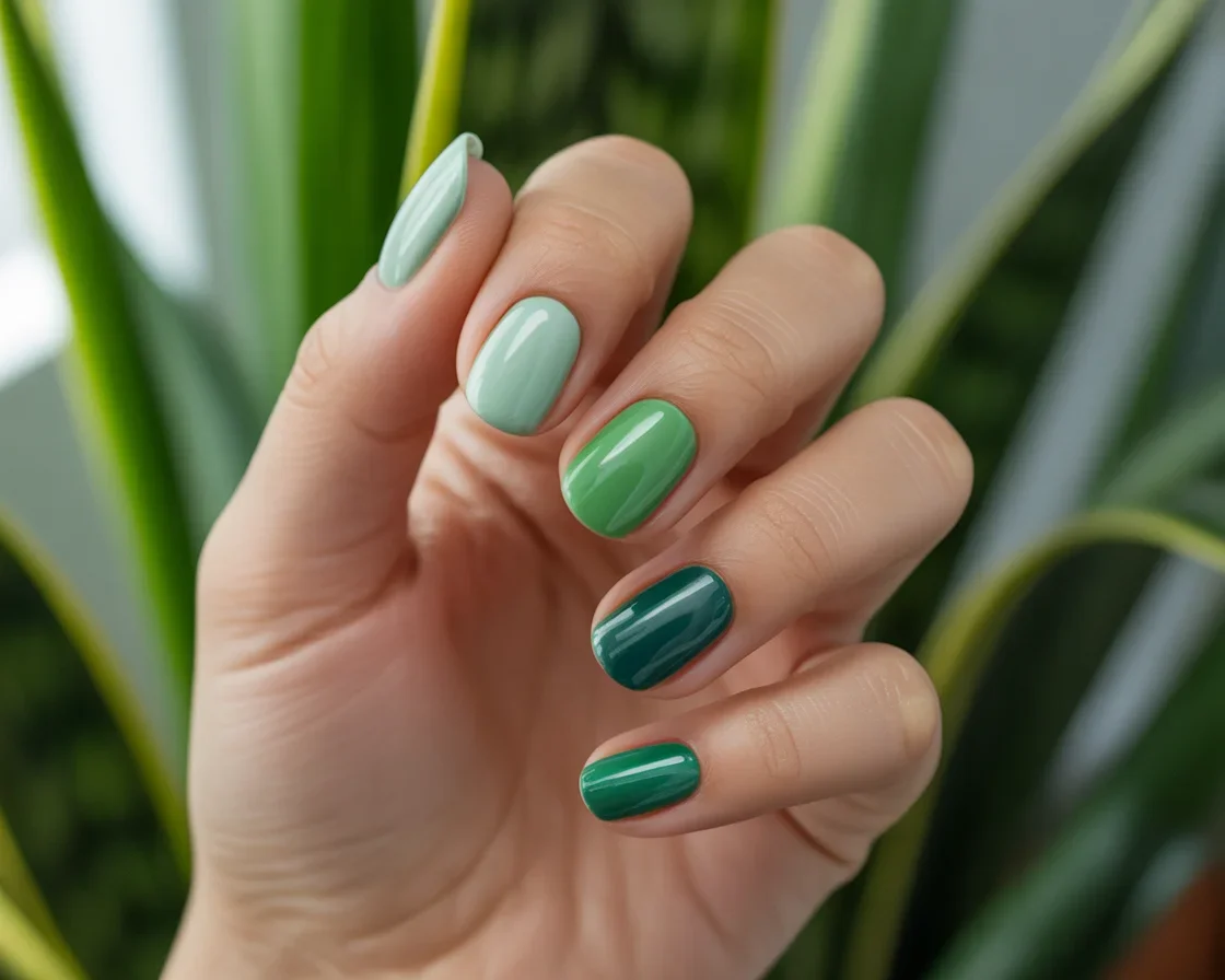 Variety of captivating green nail designs including dark green, olive, and lime shades.