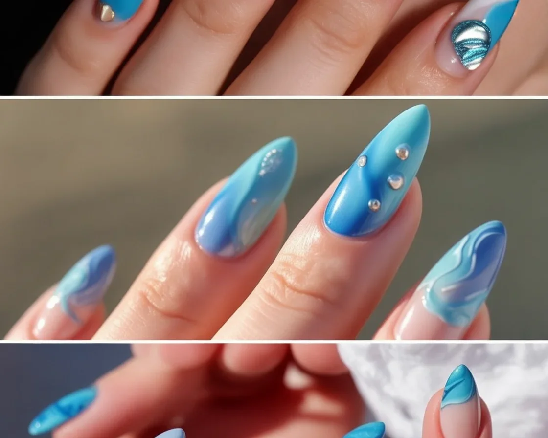 A collection of beautiful ocean nails showcasing beach colors and mermaid designs.