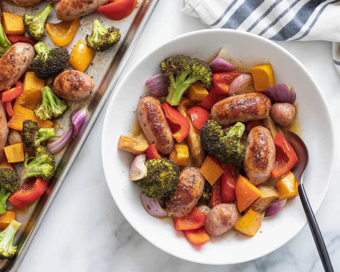 Sheet-Pan Chicken Sausage with roasted vegetables on a baking tray.