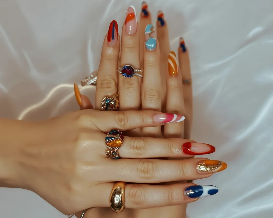Colorful Mix and Maximalist Nails designs with geometric and floral patterns.