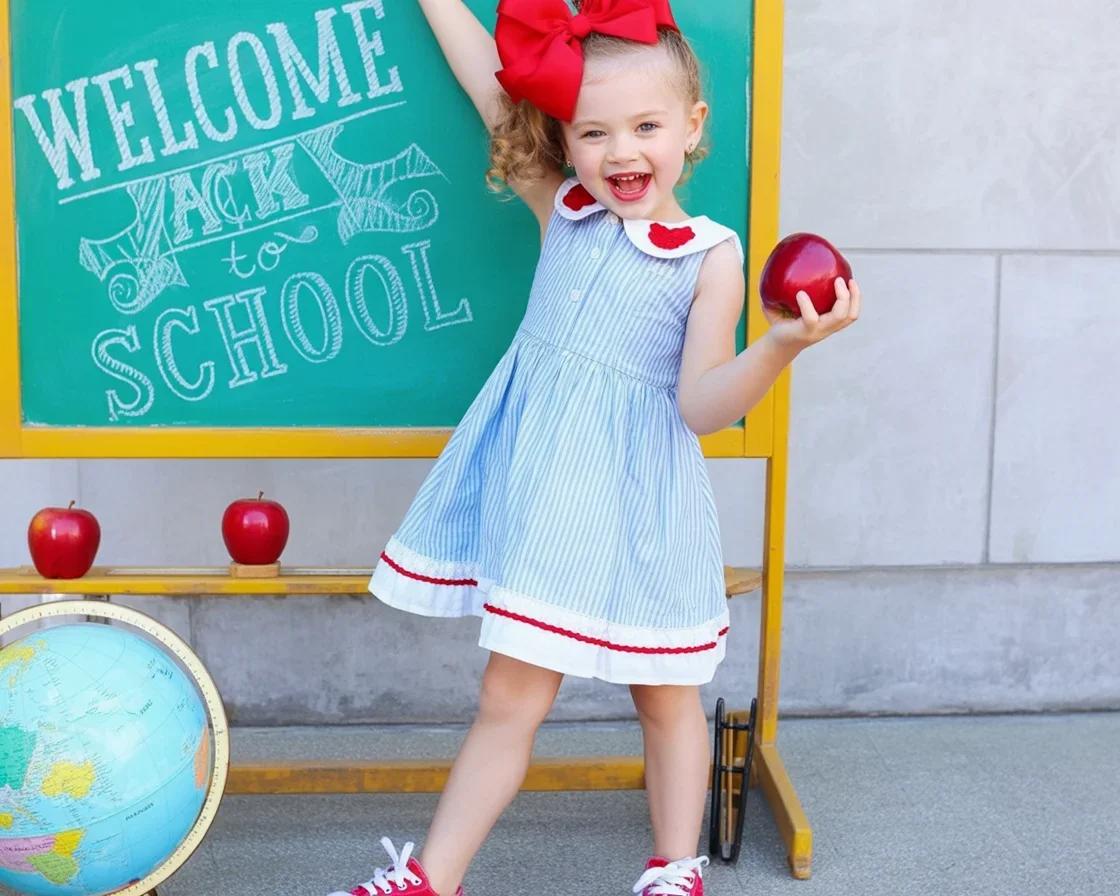 Trendy first day of school outfits for girls including dresses, sets, and accessories.