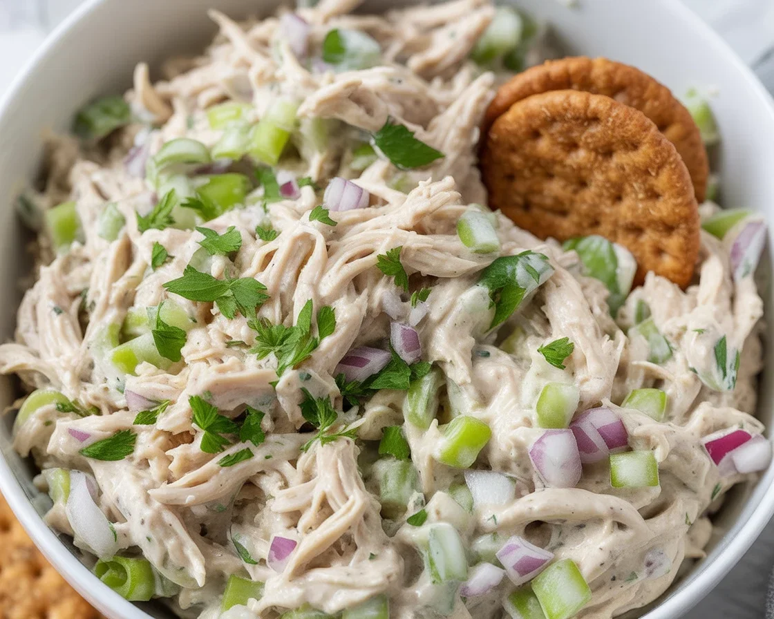 Delicious rotisserie chicken salad loaded with fresh veggies and creamy dressing.
