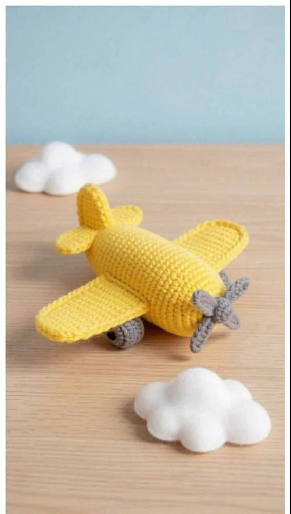 Cute crochet airplane toy showcasing creative designs and vibrant colors.