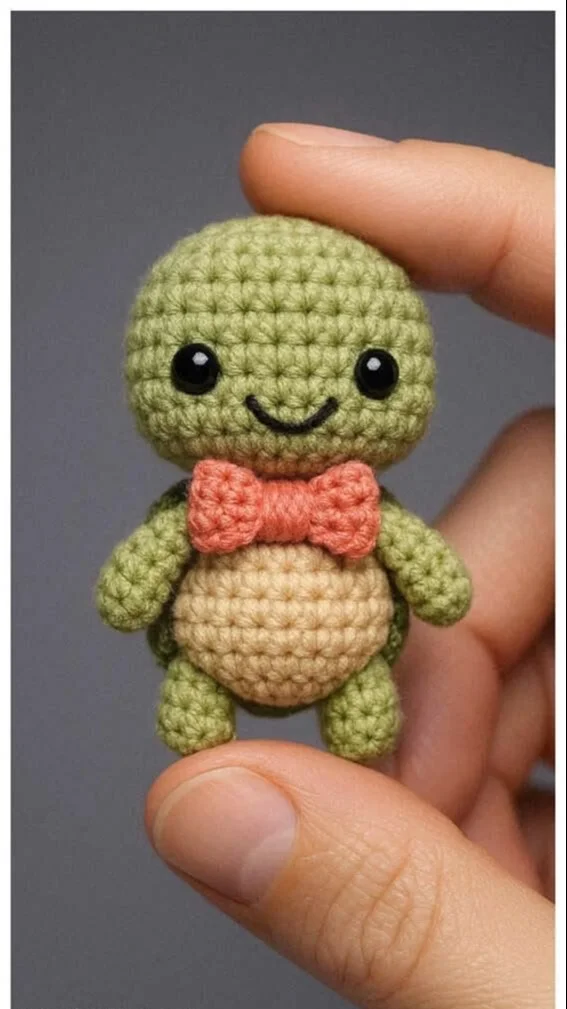 Tiny amigurumi turtle with bow tie, handmade and cute.