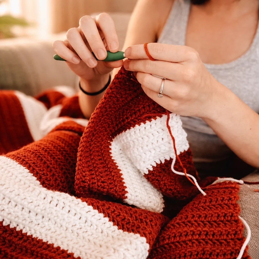 A serene image of a person crocheting, showcasing relaxation and creativity through the craft.