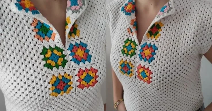 Free crochet pattern for a V-neck crop top with a granny square design
