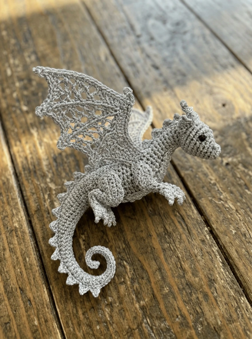 crochet dragon ornament pattern, advanced amigurumi dragon, free crochet dragon pattern, miniature crochet dragon, wire armature amigurumi