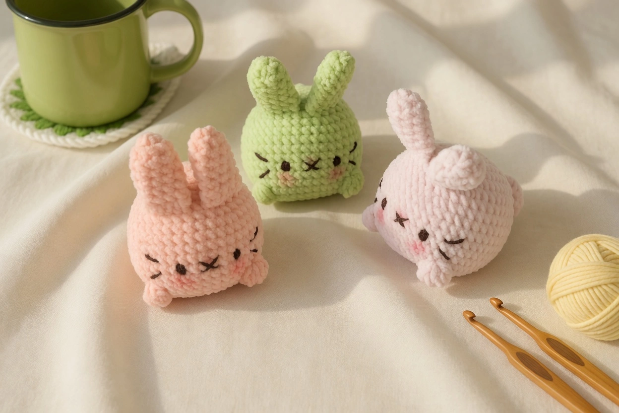 Three no-sew crochet Mochi Bunnies in pink, green, and white chenille yarn with embroidered faces and rosy cheeks, displayed on a white cloth beside wooden crochet hooks and a ball of yarn