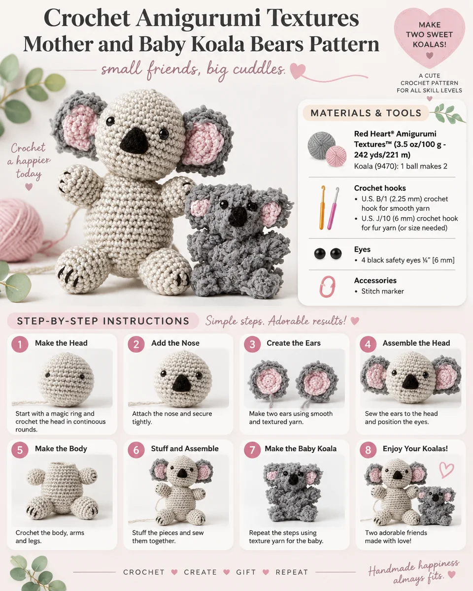 Crochet Amigurumi Textures: Mother and Baby Koala Bears Pattern